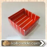 Üstü Şeffaf Asetat Altı Karton Üzerine Kırmızı Beyaz Çizgili Asetat Kutu 5x5x2,2 cm