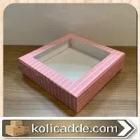 Şeffaf Pencereli Büyük Pembe -Beyaz Çizgili Kutu 25x25x5 cm