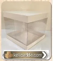 Altı Üstü Beyaz Renk Karton Ortası Şeffaff Asetat Kutu 20x20x17,5 cm.