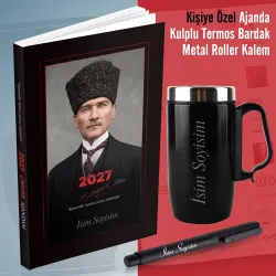 Kişiye Özel 2027 Kalpaklı Ajanda - Kulplu Termos Bardak ve Metal Roller Kalem