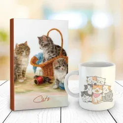 Tekir 128 Sayfa Çizgili defter ve Kedi Yumağı Kupa Bardak