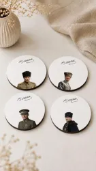 Atatürk Bardak Altlığı 4'lü Set 9 cm, 3 mm MDF, UV Baskı, Dekoratif Bardak Altlık
