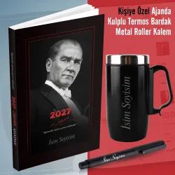 Kişiye Özel 2027 Gazi Paşa Ajanda - Kulplu Termos Bardak ve Metal Roller Kalem