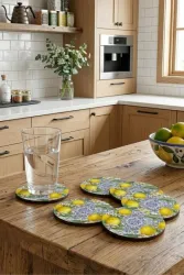 Sicilya Serisi Limon Desenli Bardak Altlığı 6'lı Set – UV Baskı, 3 mm MDF Dekoratif Bardak Altlık
