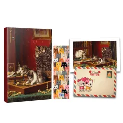 Kişiye Özel Kartpostallı Hediye Seti - 1 Oyunbozan Kediler 128 Sayfa Defter 1 Kartpostal 1 Ayraç