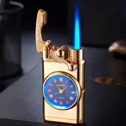 Premium Saatli Çakmak - Rüzgara Dayanıklı Jet Alevi - Gold