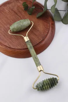 Yeşim Taşı Jade Roller Tırtıklı Yüz Masaj Aparatı Yeşil -Kutulu