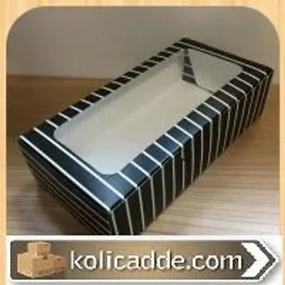 Siyah Beyaz Çizgili Karton Ortası Şeffaf Pencereli Asetat Kutu 20x10x5 cm.