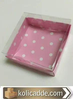 Puanlı Pembe Karton Kutu Asetat Kapak 12x12x4 cm