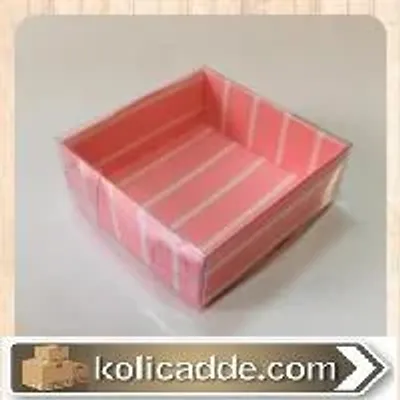 Üstü Şeffaf Asetat Altı Karton Üzerine Pembe Beyaz Çizgili Asetat Kutu 5x5x2,2 cm
