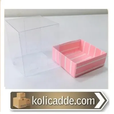 Altı Pembe Beyaz Çizgili Üstü Asetat Kutu 5x5x6 cm