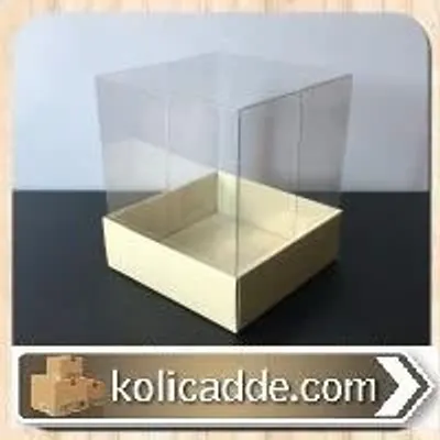 Altı Krem Karton Şeffaf Kapaklı Asetat Kutu 9x9x10 cm