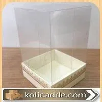 Krem Karton Üzerine Altın Renk Kilim Desenli Üstü Kısım Komple Şeffaf Asetat Kutu 8x8x12 cm