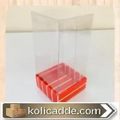 Üstü Şeffaf Asetat Altı Karton Üzerine Kırmızı Beyaz Çizgili Asetat Kutu 5x5x11 cm