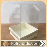 Krem Karton Üzerine Gümüş Kilim Desenli Üstü Kısım Komple Şeffaf Asetat Kutu 8x8x12 cm