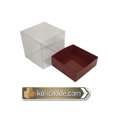 Bordo Karton Kutu Şeffaf Kapaklı 9x9x10 cm