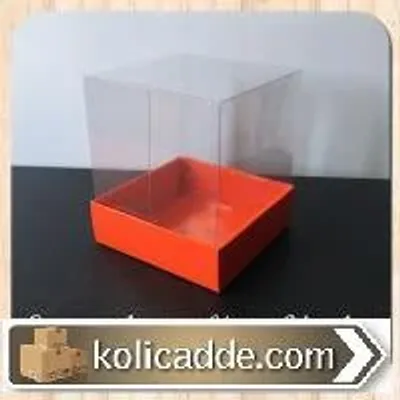 Altı Kırmızı Karton Şeffaf Kapaklı Asetat Kutu 9x9x10 cm