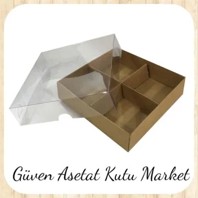 Asetat Kapaklı Kraft Kutu 4 Bölmeli 20x20x3