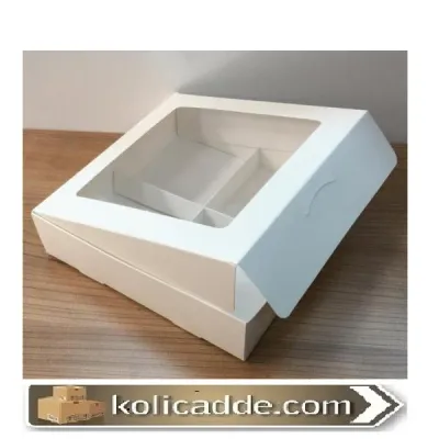 Altı Beyaz 4 Bölmeli Asetat Pencereli Karton Kutu 15x15x5 cm