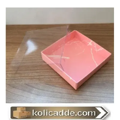 Altı Mermer Desenli Pembe Karton Üstü Asetat Kapak Kutu 8x8x2 cm