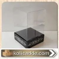 Siyah Karton Üzerine Gümüş Saray Desenli Üstü Kısım Komple Şeffaf Asetat Kutu 8x8x12 cm