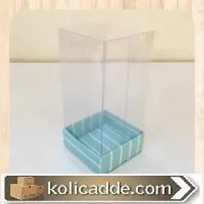 Üstü Asetat Kutu Altı Karton Üzerine Mavi Beyaz Çizgili Asetat Kutu 5x5x11 cm