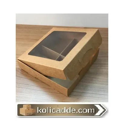 Altı Kraft 4 Bölmeli Asetat Pencereli Karton Kutu 20x20x5 cm