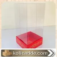Kırmızı Karton Üzerine Altın Renk Saray Desenli Üstü Kısım Komple Şeffaf Asetat Kutu 8x8x12 cm