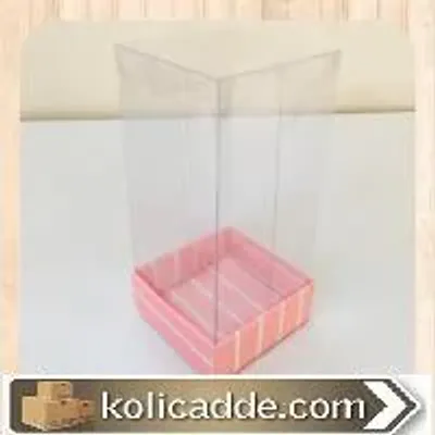 Üstü Şeffaf Asetat Altı Karton Üzerine Pembe Beyaz Çizgili Asetat Kutu 5x5x11 cm