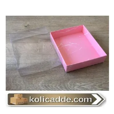 Mermer Desenli Asetat Kapaklı Pembe Kutu 12x15x3 cm