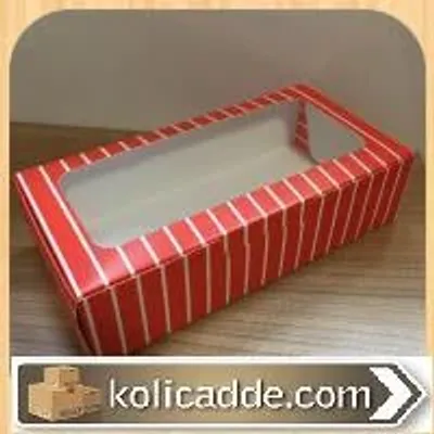 Kırmızı Beyaz Çizgili Karton Ortası Şeffaf Pencereli Asetat Kutu 20x10x5 cm.