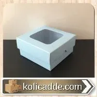 Alt Mavi Karton Ortası Şeffaf Pencereli Asetat Kutu 10x10x3 cm.