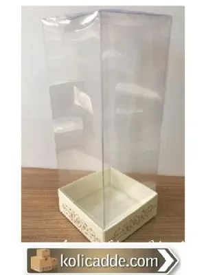 Altı Krem Karton Üzerine Gümüş Saray Desenli Üstü Asetat Kutu 8x8x20 cm