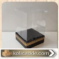 Siyah Karton Üzerine Altın Renk Kilim Desenli Üstü Kısım Komple Şeffaf Asetat Kutu 8x8x12 cm