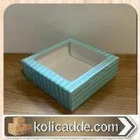 Mavi Beyaz Çizgili Karton Ortası Şeffaf Pencereli Asetat Kutu 15x15x5 cm.