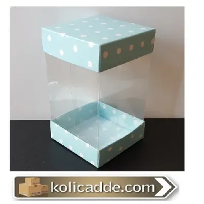 Çift Tarafı Mavi Üzerine Beyaz Puanlı Karton Kapaklı Asetat Kutu 10x10x16 cm.