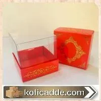 Kırmızı Karton Üzerine Altın Renk Saray Desenli Üstü Kısım Komple Şeffaf Asetat Kutu 8x8x8 cm