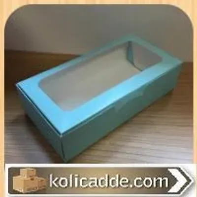 Alt Mavi Karton Ortası Şeffaf Pencereli Asetat Kutu 20x10x5 cm.
