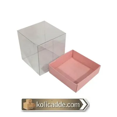 Alt Pembe Karton Kutu Üst Asetat Kapaklı 7x7x7 cm.