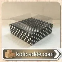 Alt Siyah Puantiyeli Karton Ortası Şeffaf Pencereli Asetat Kutu 9x9x7 cm.