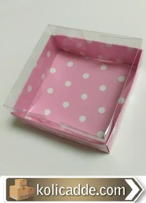 Pembe Puanlı Karton Kutu Üstü Asetat Kapak 10x10x4 cm