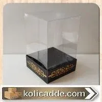 Siyah Karton Üzerine Altın Renk Saray Desenli Üstü Kısım Komple Şeffaf Asetat Kutu 8x8x12 cm