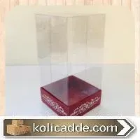 Bordo Karton Üzerine Gümüş Saray Desenli Üstü Kısım Komple Şeffaf Asetat Kutu 8x8x12 cm