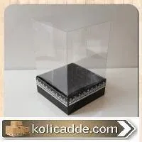 Siyah Karton Üzerine Gümüş Kilim Desenli Üstü Kısım Komple Şeffaf Asetat Kutu 8x8x12 cm