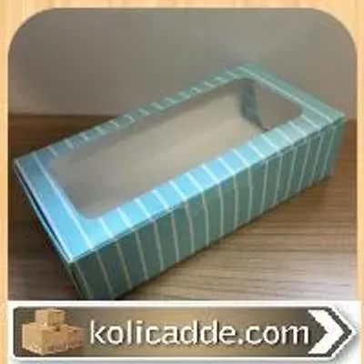 Mavi Beyaz Çizgili Karton Ortası Şeffaf Pencereli Asetat Kutu 20x10x5 cm.