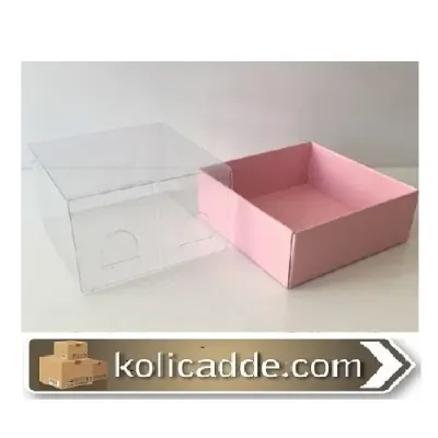 Pembe Karton Kutu Şeffaf Kapaklı 9x9x5 cm