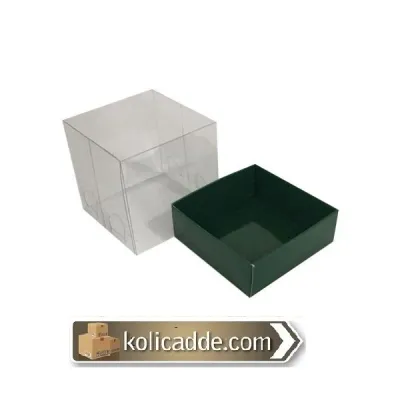 Yeşil Karton Kutu Şeffaf Kapaklı 9x9x10 cm