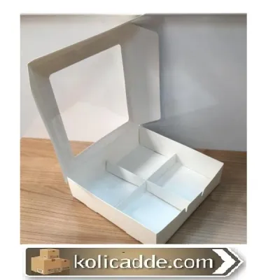 Altı Beyaz 4 Bölmeli Asetat Pencereli Karton Kutu 15x15x5 cm