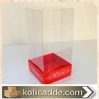 Kırmızı Karton Üzerine Gümüş Saray Desenli Üstü Kısım Komple Şeffaf Asetat Kutu 8x8x12 cm