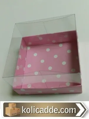 Pembe Puanlı Karton Kutu Asetat Kapaklı 12x12x8,5 cm